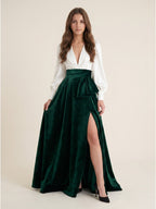 Forest Green Velvet A-Line V-Neck Floor-Length Evening Gown with Pleats - Curvevia