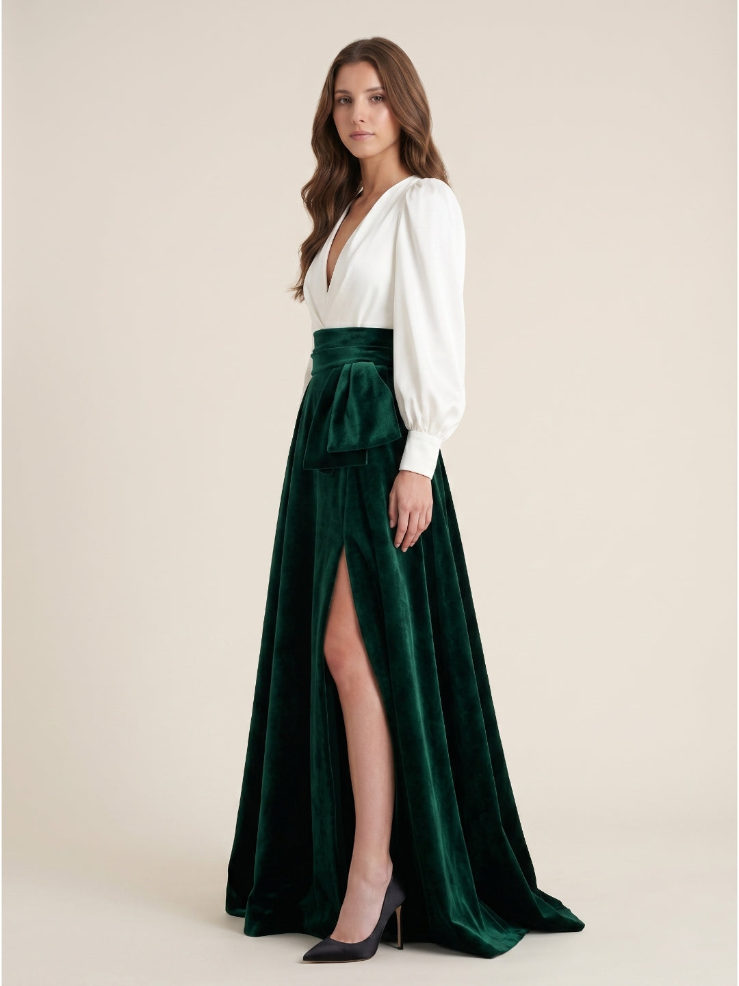Forest Green Velvet A-Line V-Neck Floor-Length Evening Gown with Pleats - Curvevia