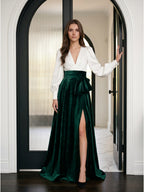 Forest Green Velvet A-Line V-Neck Floor-Length Evening Gown with Pleats - Curvevia