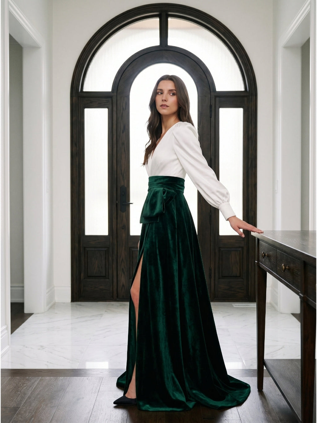 Forest Green Velvet A-Line V-Neck Floor-Length Evening Gown with Pleats - Curvevia