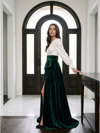 Forest Green Velvet A-Line V-Neck Floor-Length Evening Gown with Pleats - Curvevia