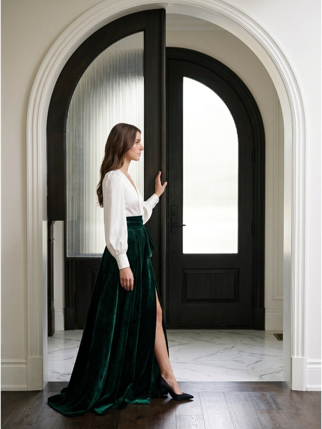 Forest Green Velvet A-Line V-Neck Floor-Length Evening Gown with Pleats - Curvevia