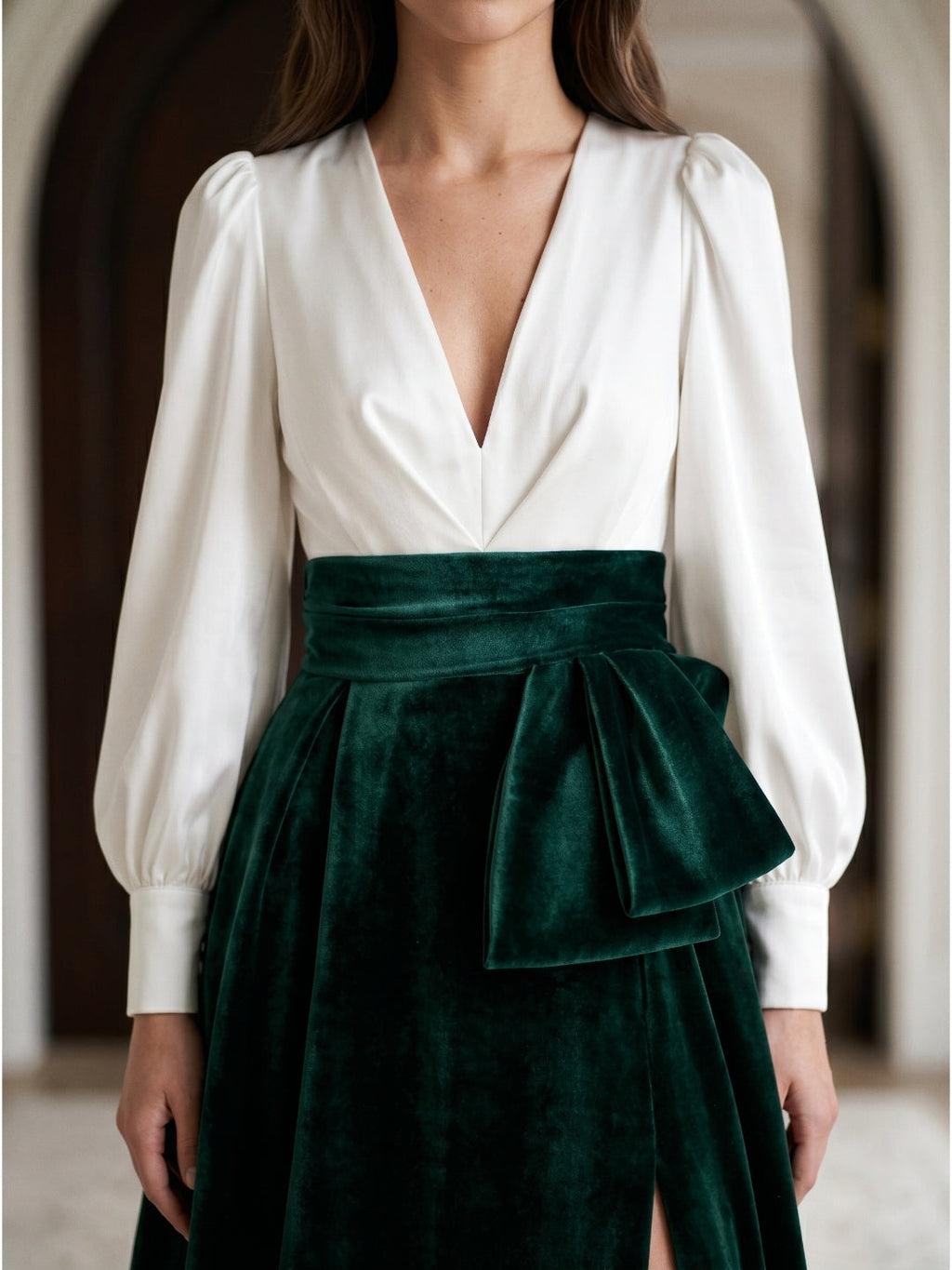 Forest Green Velvet A-Line V-Neck Floor-Length Evening Gown with Pleats - Curvevia