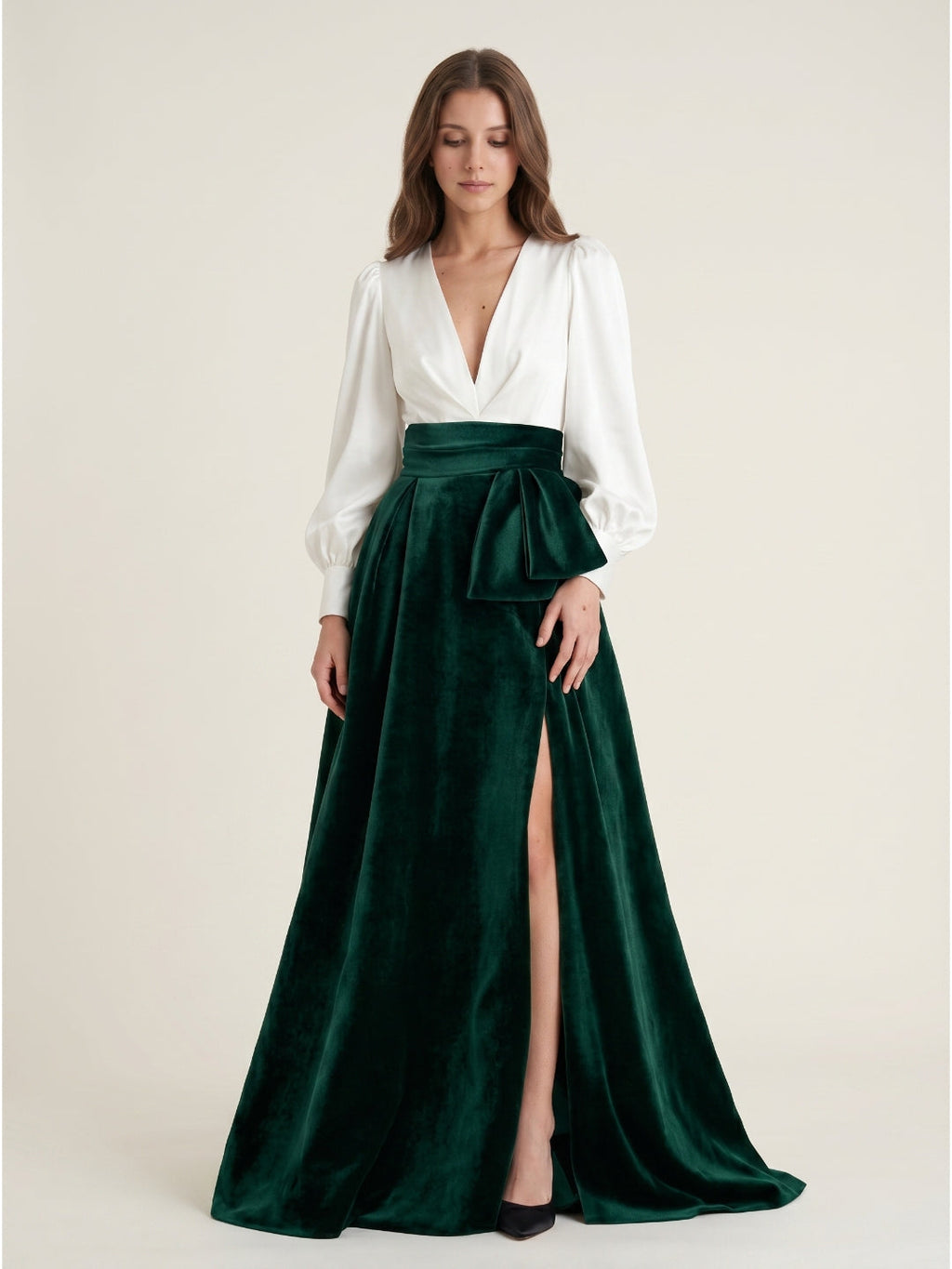 Forest Green Velvet A-Line V-Neck Floor-Length Evening Gown with Pleats - Curvevia