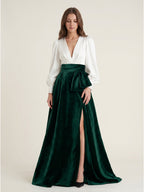 Forest Green Velvet A-Line V-Neck Floor-Length Evening Gown with Pleats - Curvevia