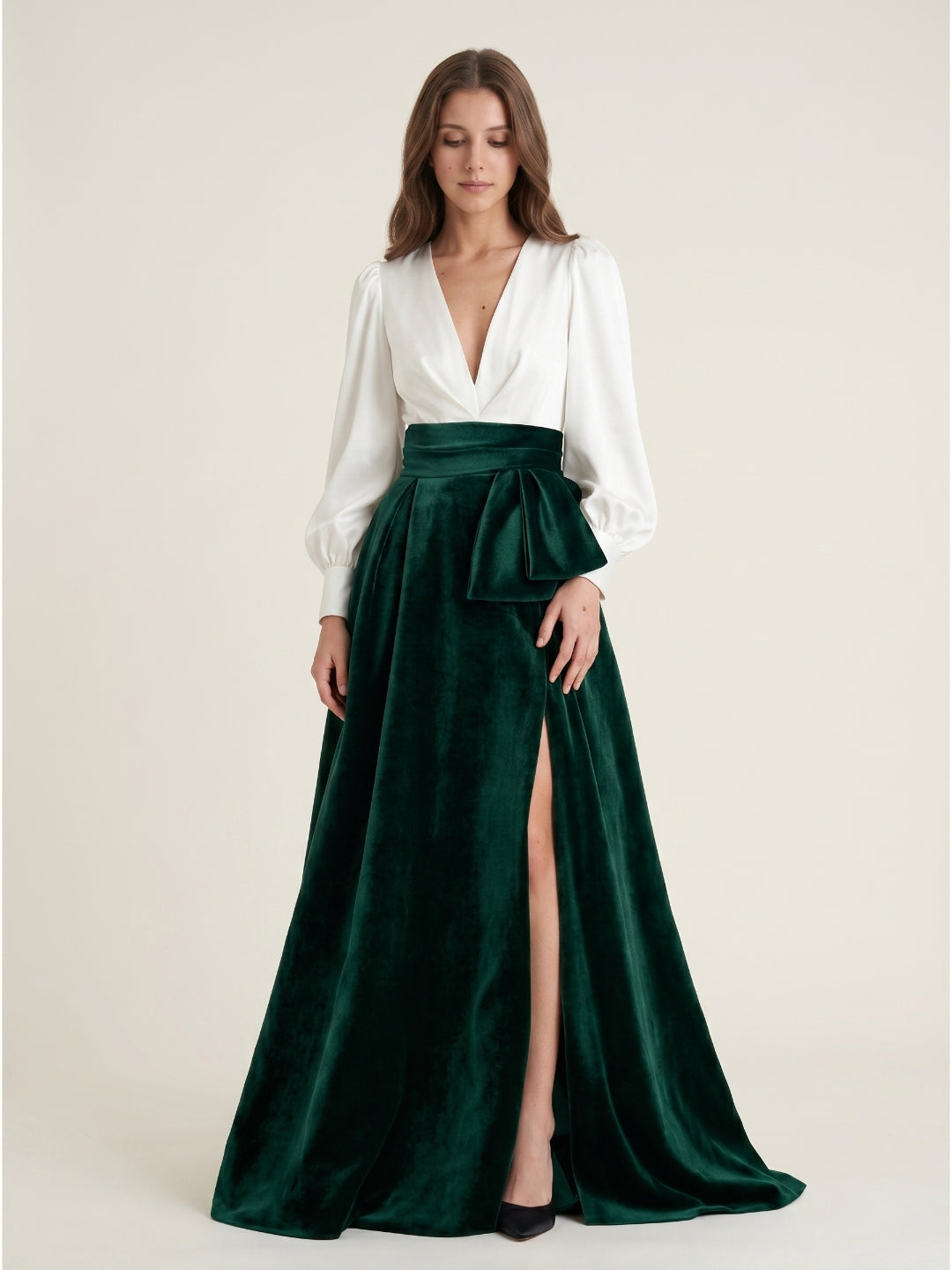 Forest Green Velvet A-Line V-Neck Floor-Length Evening Gown with Pleats - Curvevia