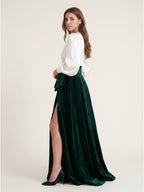 Forest Green Velvet A-Line V-Neck Floor-Length Evening Gown with Pleats - Curvevia