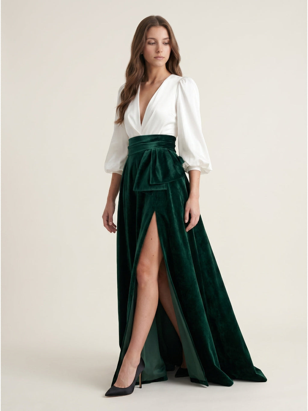 Forest Green Velvet A-Line V-Neck Floor-Length Evening Gown with Pleats - Curvevia