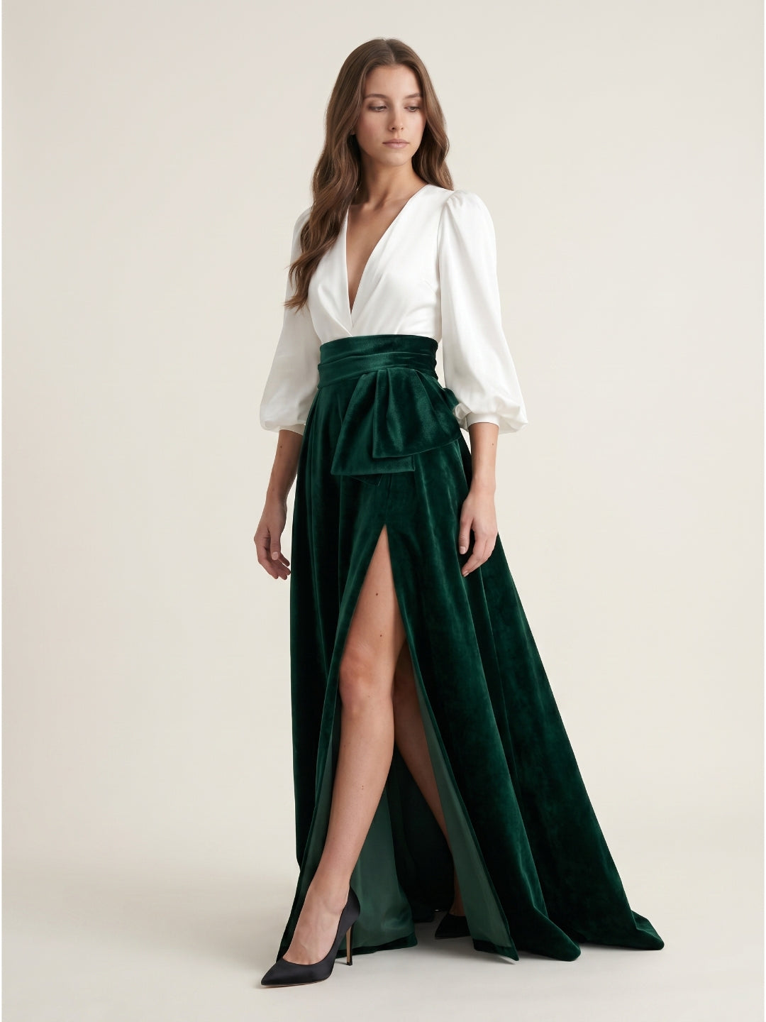 Forest Green Velvet A-Line V-Neck Floor-Length Evening Gown with Pleats - Curvevia