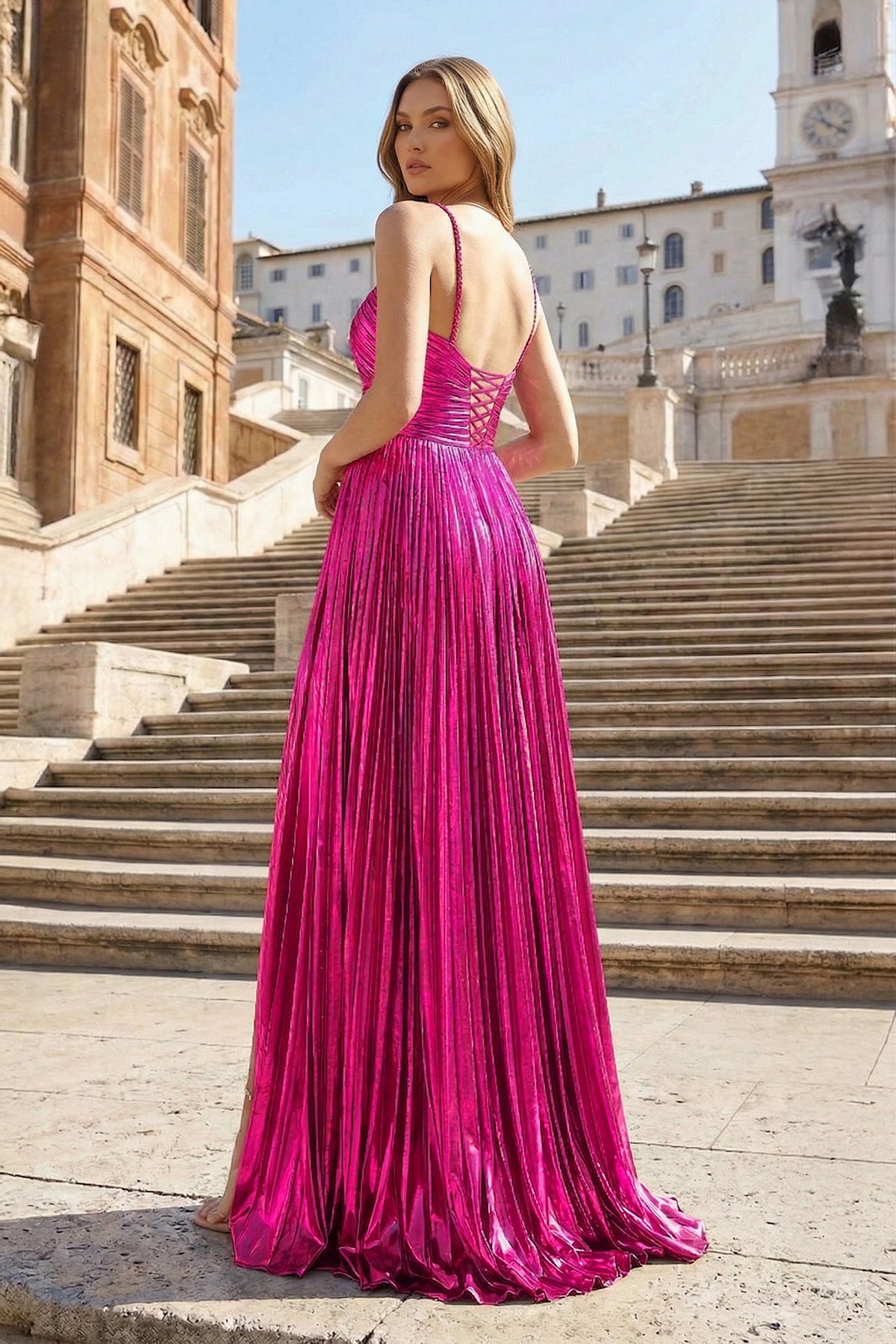 Metallic Keyhole Spaghetti Strap Long Evening Dress with Slit - Curvevia