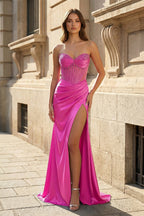 Mermaid Sweetheart Blue Beaded Ruched Long Evening Dress with Slit - Curvevia