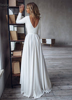 Long Sleeves A-Line Satin Open Back Wedding Dresses - Curvevia