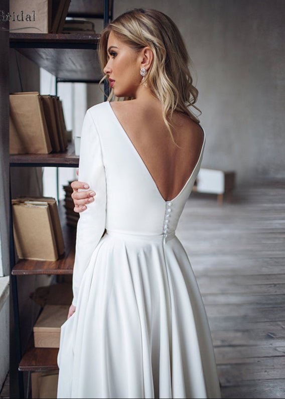 Long Sleeves A-Line Satin Open Back Wedding Dresses - Curvevia
