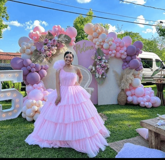 Pink A-line Tiered One Shoulder Tulle Ball Gown Pink Quinceanera Dresses - Curvevia