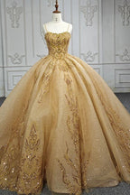 Quinceanera Dress Gold Beading Formal Long Evening Dress Spaghetti Straps Ball Gown - Curvevia