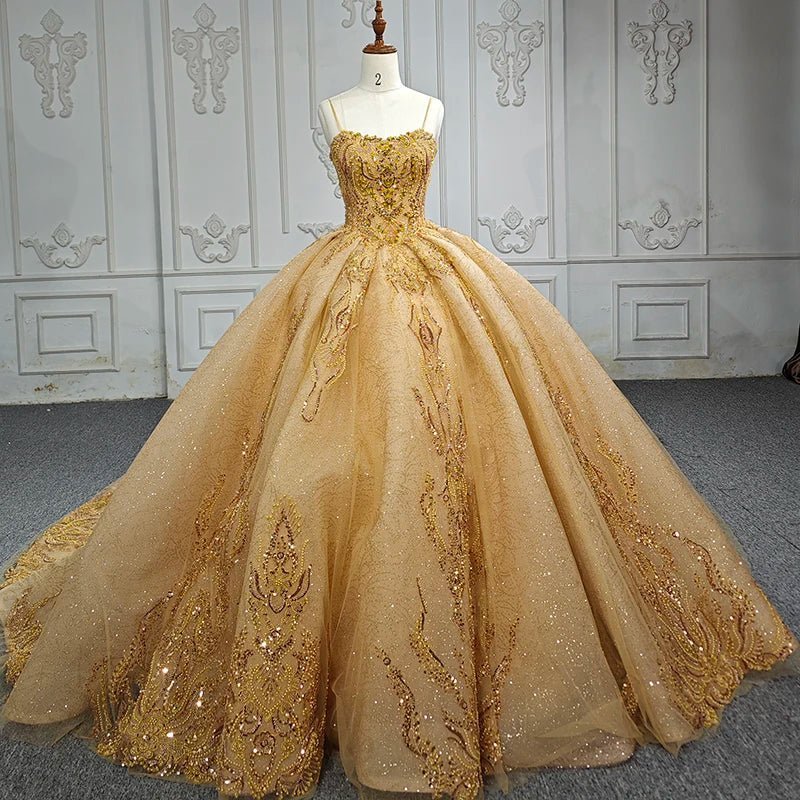 Quinceanera Dress Gold Beading Formal Long Evening Dress Spaghetti Straps Ball Gown - Curvevia