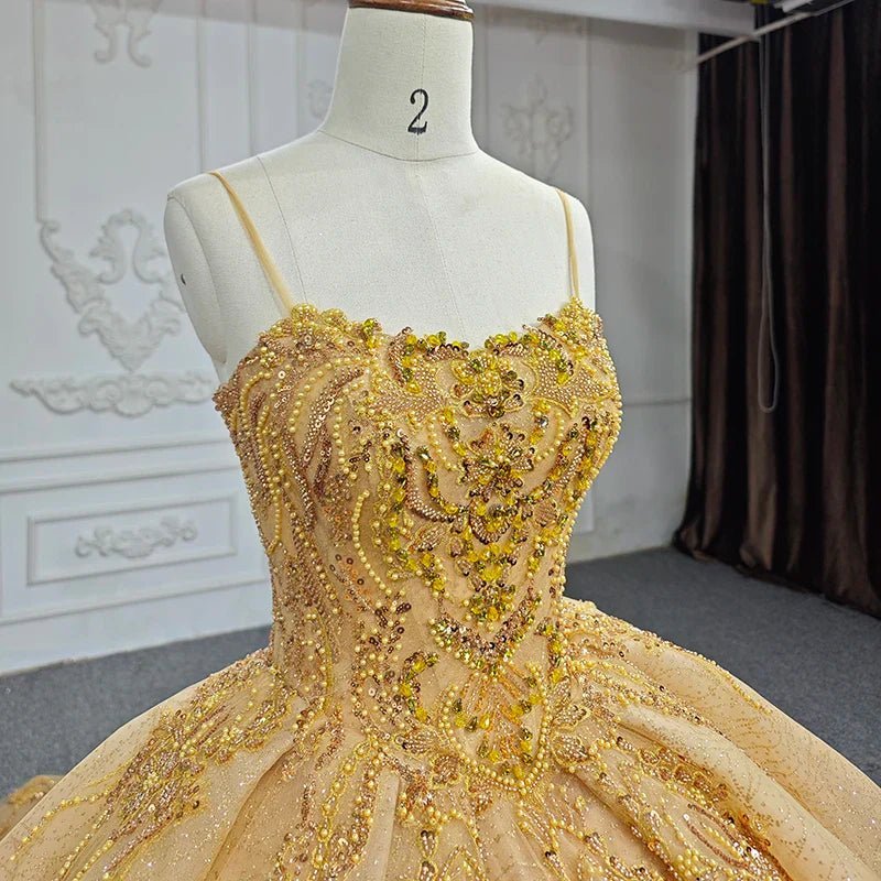 Quinceanera Dress Gold Beading Formal Long Evening Dress Spaghetti Straps Ball Gown - Curvevia