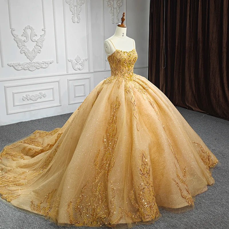 Quinceanera Dress Gold Beading Formal Long Evening Dress Spaghetti Straps Ball Gown - Curvevia