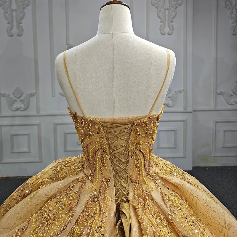 Quinceanera Dress Gold Beading Formal Long Evening Dress Spaghetti Straps Ball Gown - Curvevia