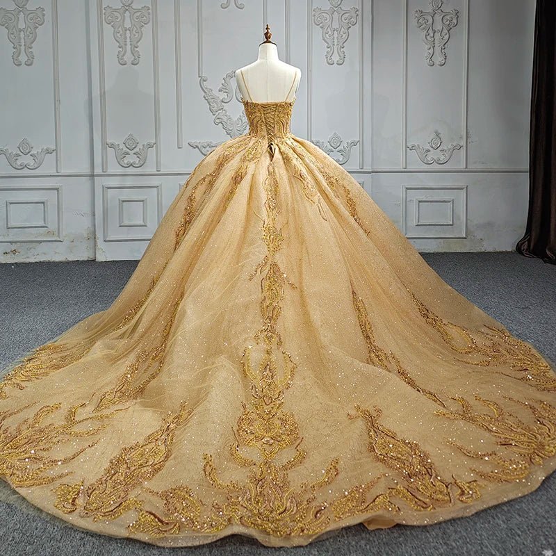 Quinceanera Dress Gold Beading Formal Long Evening Dress Spaghetti Straps Ball Gown - Curvevia