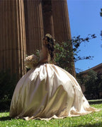 Sweetheart Embroidery Satin  Champagne Quinceanera Dresses Lace Ball Gowns - Curvevia