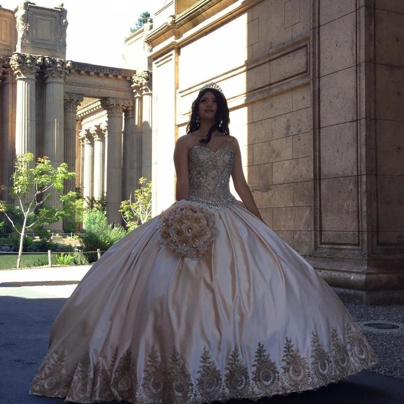 Sweetheart Embroidery Satin  Champagne Quinceanera Dresses Lace Ball Gowns - Curvevia