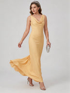 Simple Gold Matte Satin A-Line Cowl Neck Backless Ankle-Length Bridesmaid Dress - Curvevia