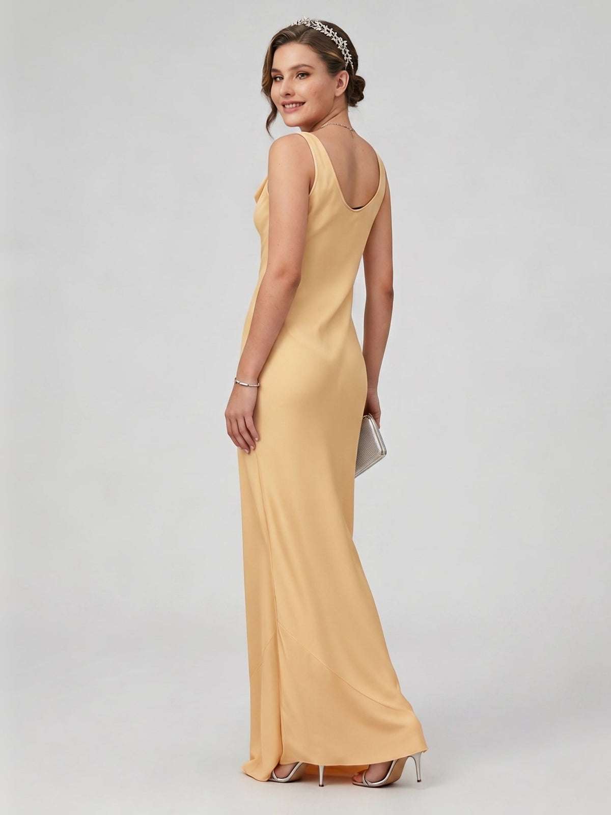 Simple Gold Matte Satin A-Line Cowl Neck Backless Ankle-Length Bridesmaid Dress - Curvevia
