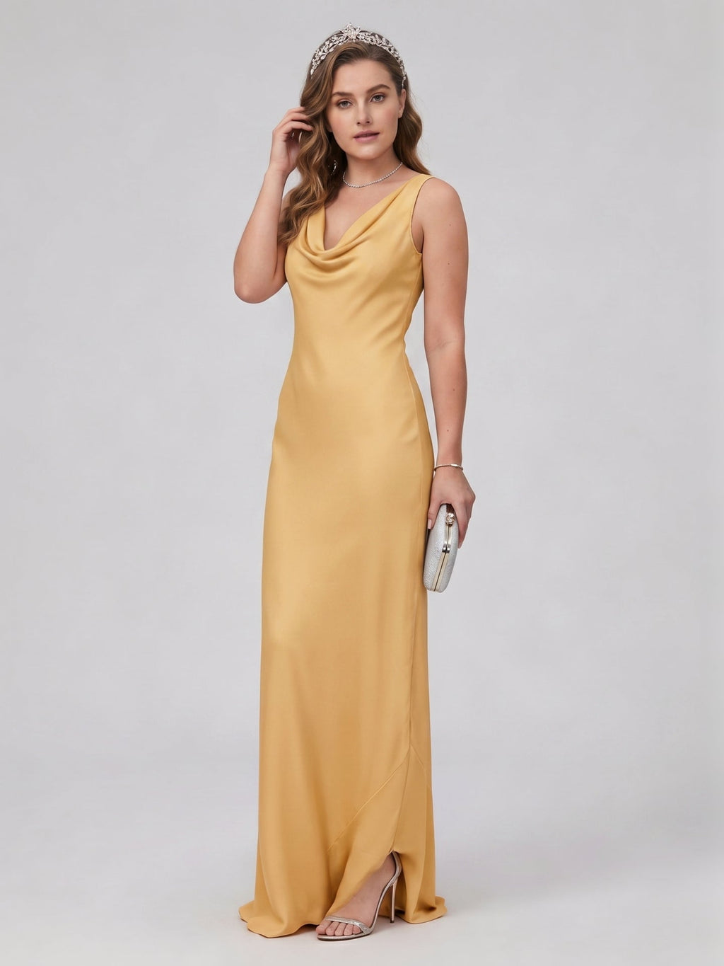 Simple Gold Matte Satin A-Line Cowl Neck Backless Ankle-Length Bridesmaid Dress - Curvevia