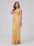 Simple Gold Matte Satin A-Line Cowl Neck Backless Ankle-Length Bridesmaid Dress - Curvevia