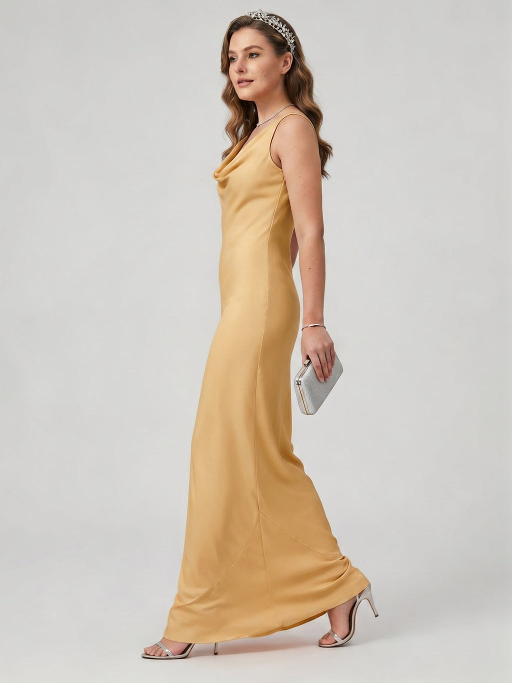 Simple Gold Matte Satin A-Line Cowl Neck Backless Ankle-Length Bridesmaid Dress - Curvevia