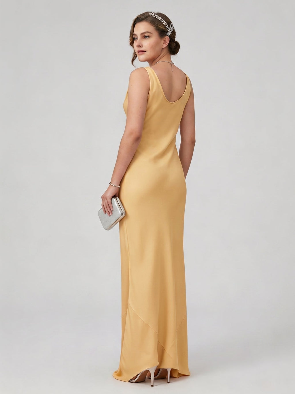 Simple Gold Matte Satin A-Line Cowl Neck Backless Ankle-Length Bridesmaid Dress - Curvevia