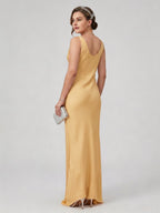Simple Gold Matte Satin A-Line Cowl Neck Backless Ankle-Length Bridesmaid Dress - Curvevia