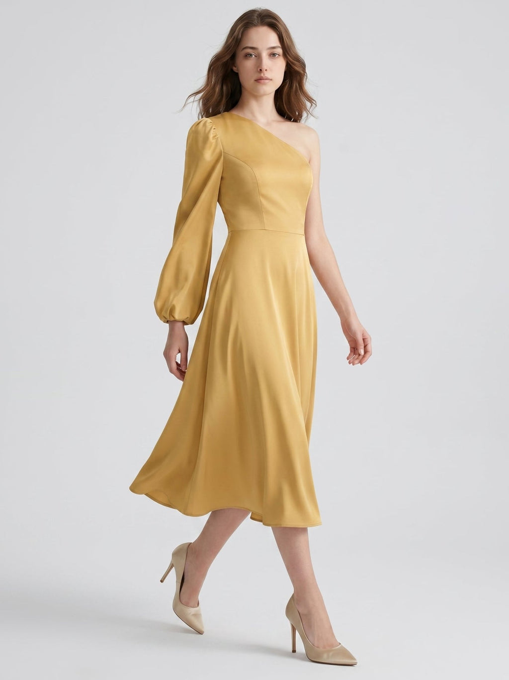 Gold Matte Satin A-Line One Shoulder Tea-Length Bridesmaid Dress - Curvevia