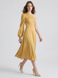 Gold Matte Satin A-Line One Shoulder Tea-Length Bridesmaid Dress - Curvevia