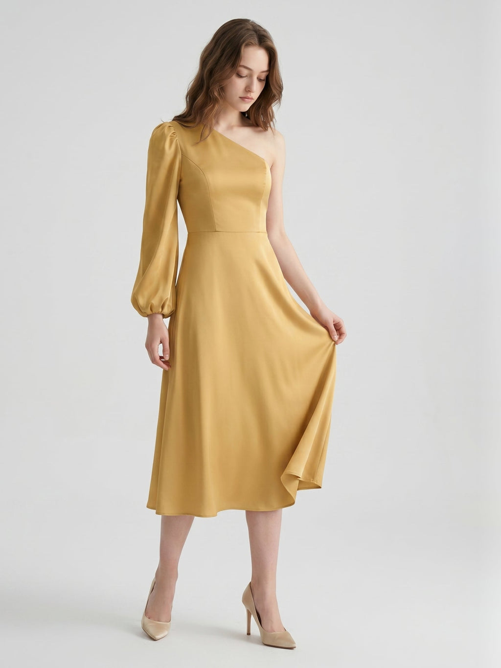 Gold Matte Satin A-Line One Shoulder Tea-Length Bridesmaid Dress - Curvevia