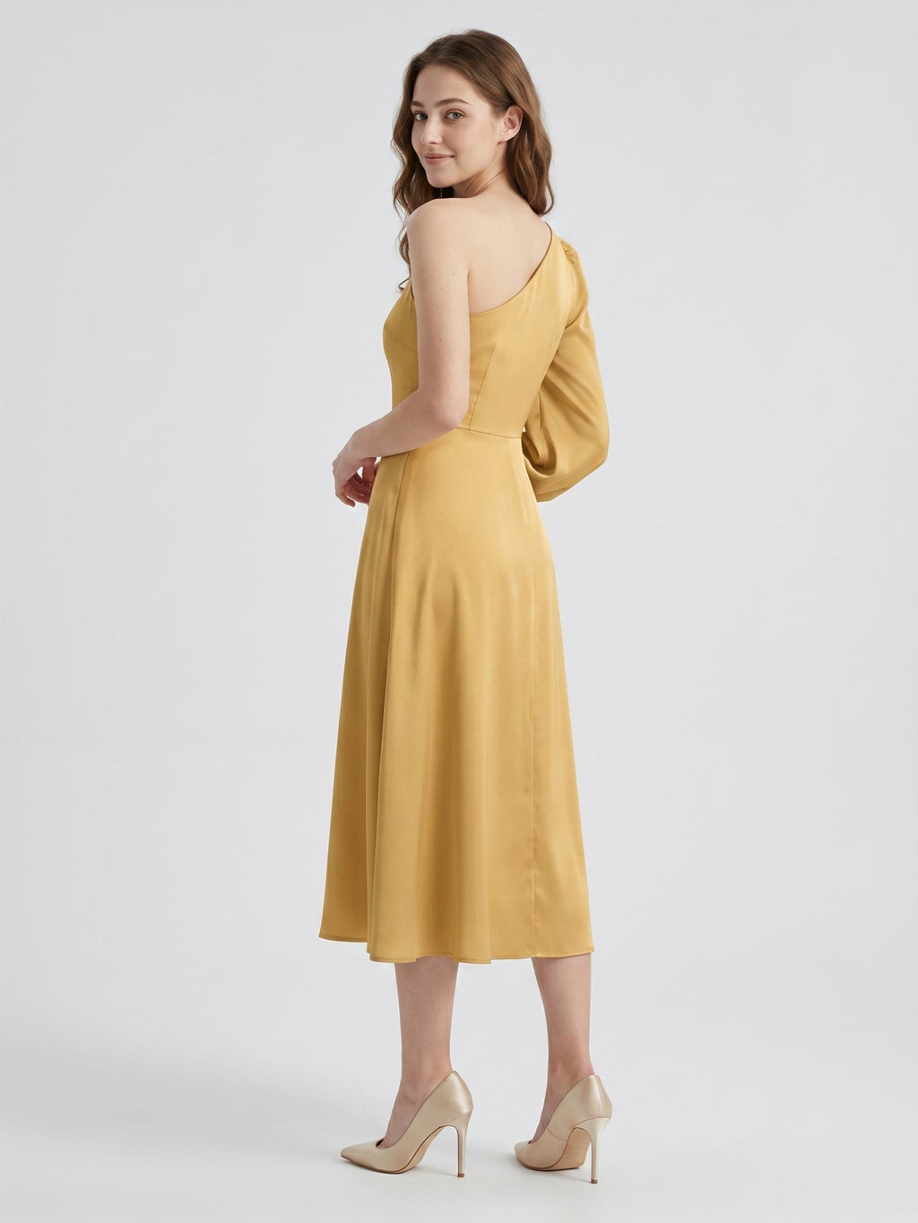 Gold Matte Satin A-Line One Shoulder Tea-Length Bridesmaid Dress - Curvevia
