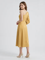 Gold Matte Satin A-Line One Shoulder Tea-Length Bridesmaid Dress - Curvevia