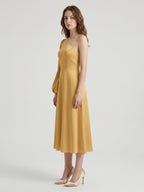 Gold Matte Satin A-Line One Shoulder Tea-Length Bridesmaid Dress - Curvevia