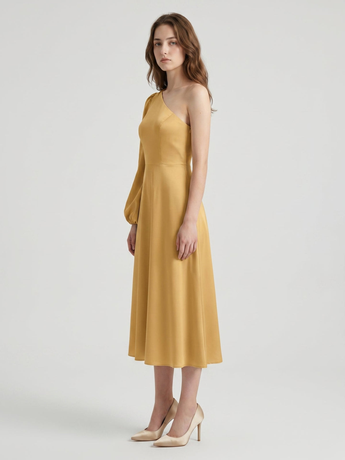 Gold Matte Satin A-Line One Shoulder Tea-Length Bridesmaid Dress - Curvevia