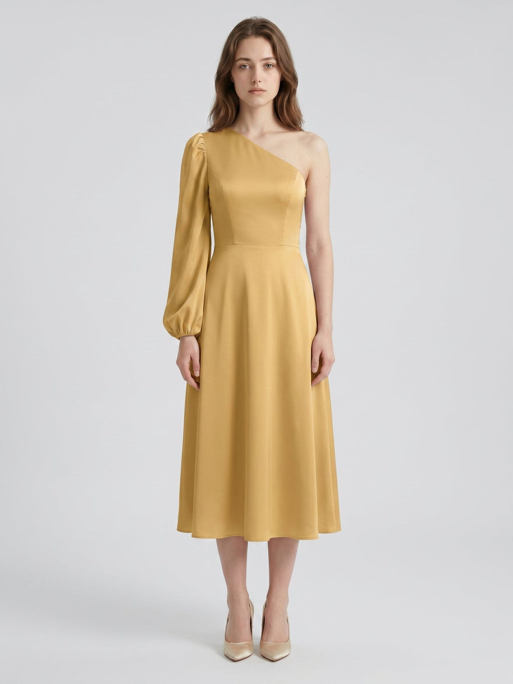 Gold Matte Satin A-Line One Shoulder Tea-Length Bridesmaid Dress - Curvevia