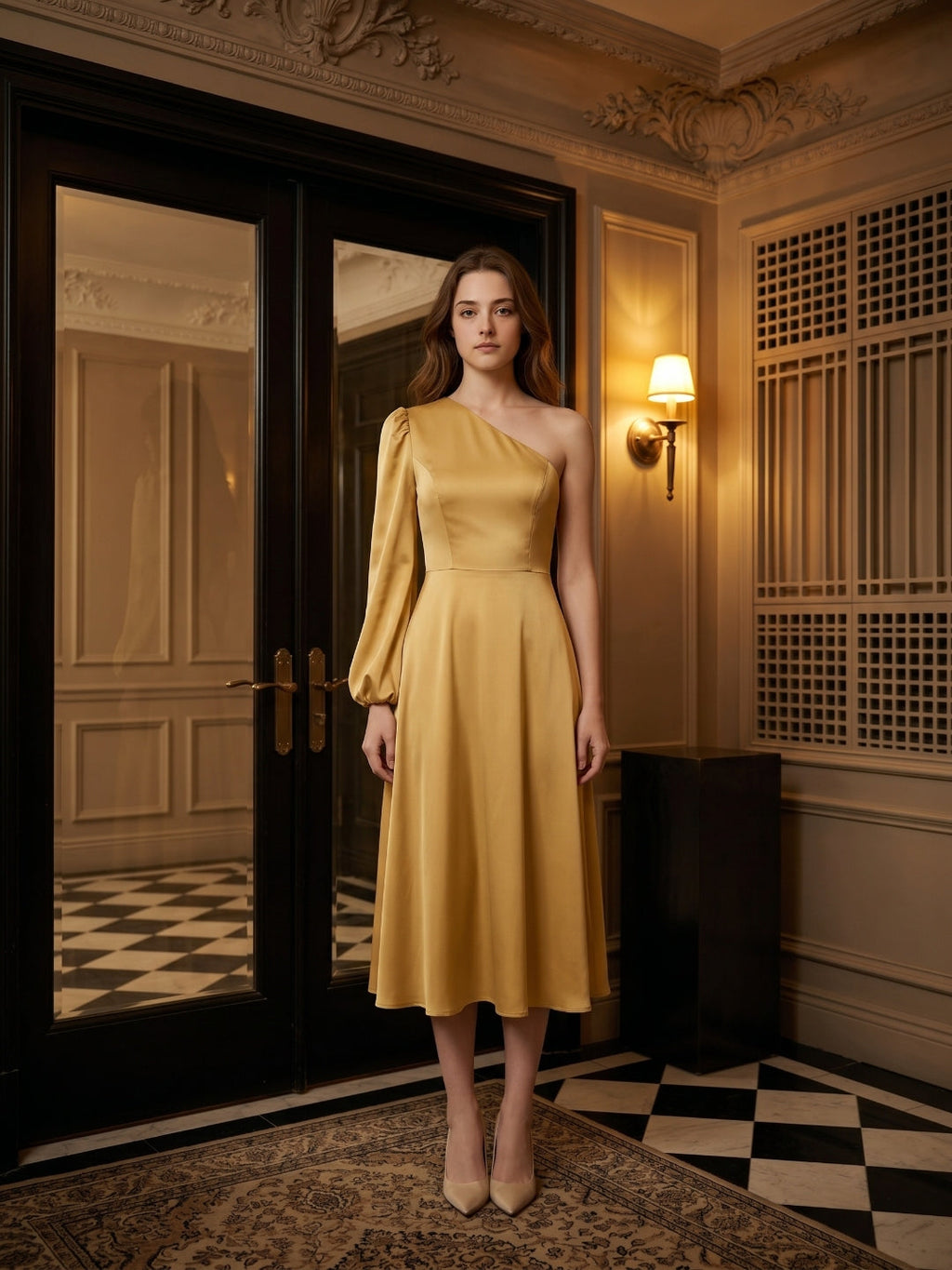 Gold Matte Satin A-Line One Shoulder Tea-Length Bridesmaid Dress - Curvevia