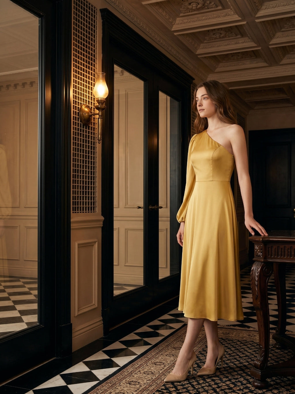 Gold Matte Satin A-Line One Shoulder Tea-Length Bridesmaid Dress - Curvevia