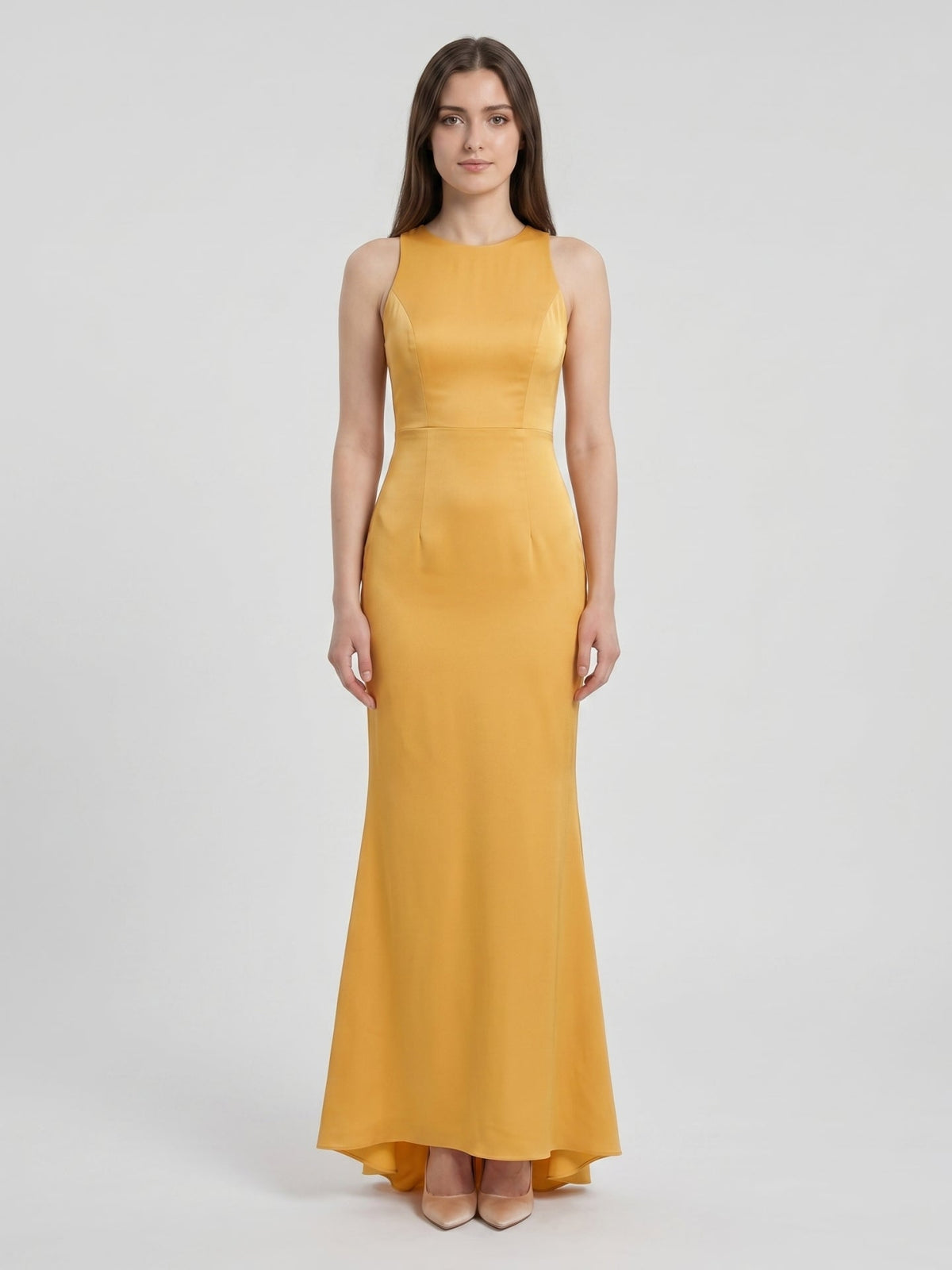 Gold Matte Satin Trumpet Scoop Neck Backless Bridesmaid Dress - Curvevia
