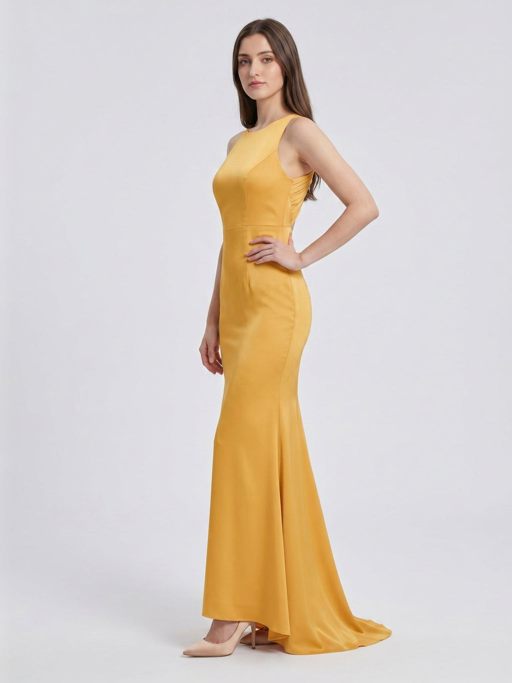 Gold Matte Satin Trumpet Scoop Neck Backless Bridesmaid Dress - Curvevia