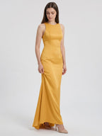 Gold Matte Satin Trumpet Scoop Neck Backless Bridesmaid Dress - Curvevia