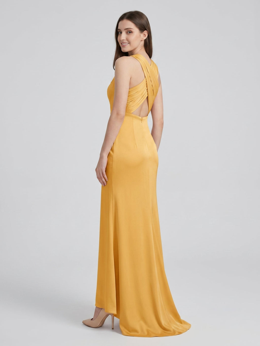 Gold Matte Satin Trumpet Scoop Neck Backless Bridesmaid Dress - Curvevia