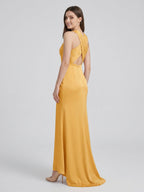 Gold Matte Satin Trumpet Scoop Neck Backless Bridesmaid Dress - Curvevia