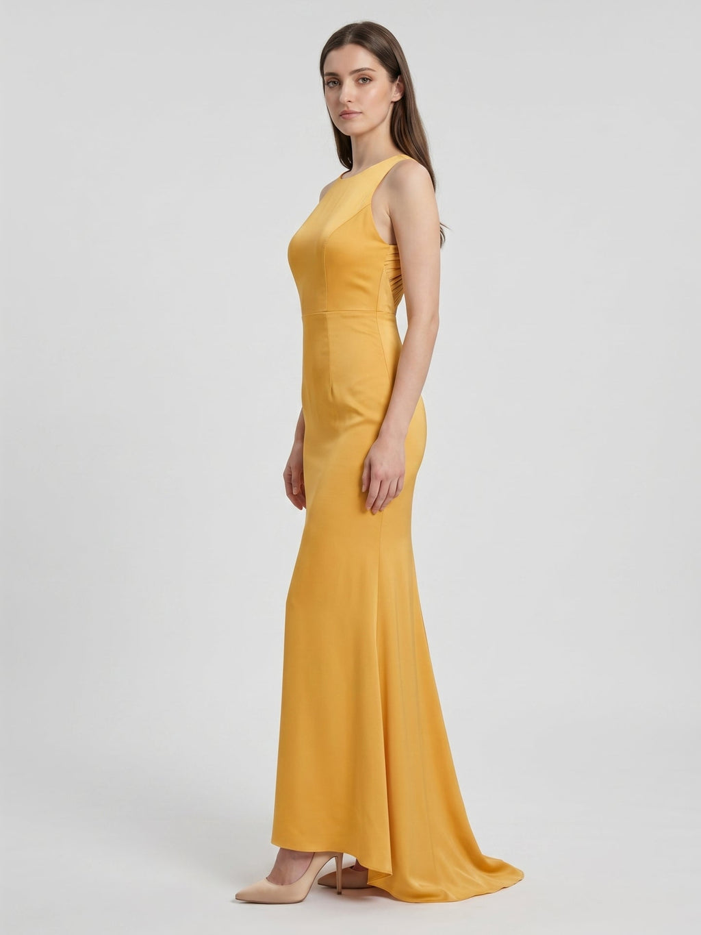 Gold Matte Satin Trumpet Scoop Neck Backless Bridesmaid Dress - Curvevia