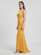Gold Matte Satin Trumpet Scoop Neck Backless Bridesmaid Dress - Curvevia